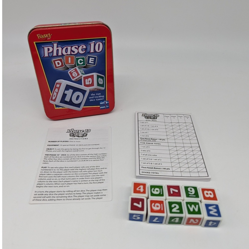 Fundex Phase 10 Dice Game Unisex OS Red Tin 2004 Vintage Travel Family Strategy